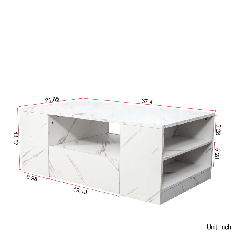 Table basse à DEL 14,57 po avec 2 tiroirs et tablette latérale ouverte, Blanc
