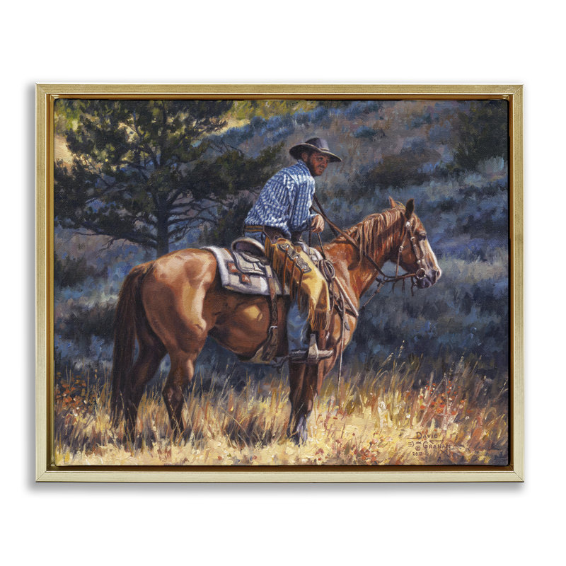 «Early Start Cowboy», art mural encadré par David Graham, Cadre flottant métallique doré, H 17 po x l 21 po