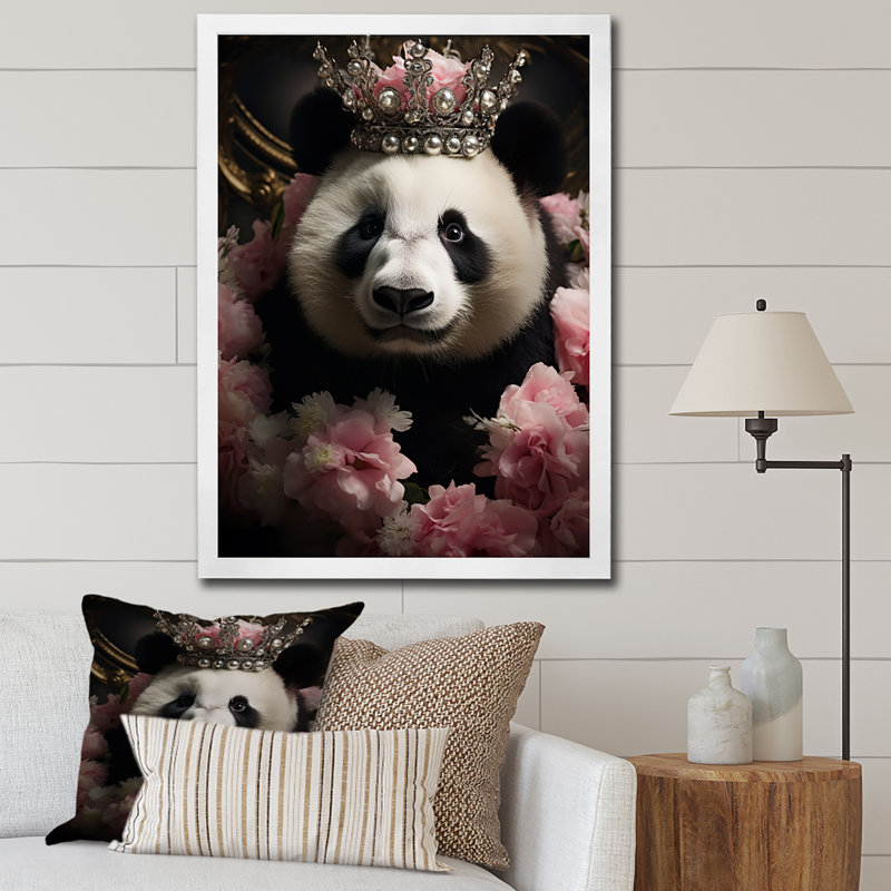 Regal Panda couronné Portrait - Panda Animal, art mural, Cadre simple blanc, H 32 po x l 16 po x P 1 po
