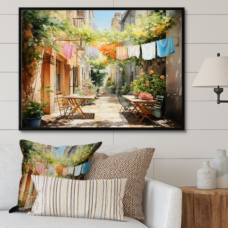 Jour de lessive en Italie III - Art mural, H 16 po x l 32 po x P 1 po, Cadre flottant noir