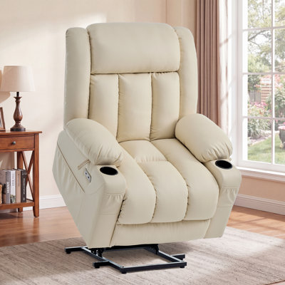 Fauteuil inclinable électrique à deux moteurs avec massage et chaleur, fauteuil inclinable électrique à position infinie avec USB A&C, porte-gobelets (T6010 - similicuir, blanc crème, surdimensionné)