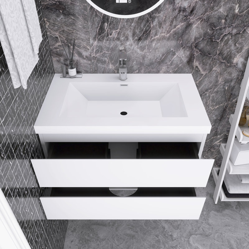 Meuble-lavabo mural 36 po avec lavabo en céramique, Blanc