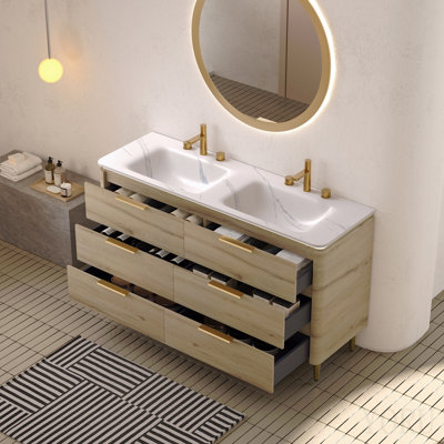 Meuble-lavabo de salle de bain de 60 po avec lavabo intégré en pierre frittée blanche de Carrare, préassemblé, fini chêne blanc.