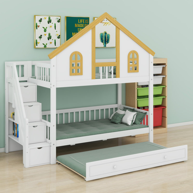 Lit superposé avec toit, fenêtre, porte et lit gigogne pour enfants, Lit simple