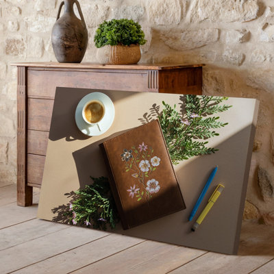 Toile, "A Cozy Minimalist Workage Scene" with a Brown Leather Lound Wall Art Journal orné de délicates illustrations florales, art sur toile