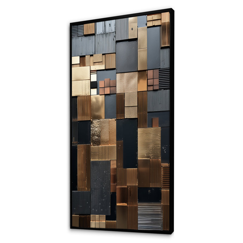 Carreau abstrait brun, charme mosaïque - tuile abstraite, art mural, H 60 po x l 28 po x P 1,5 po, Cadre flottant noir