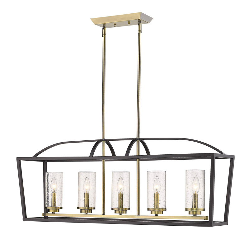 Luminaire suspendu linéaire à 5 lumières pour îlot de cuisine Skegness, Verre martelé, Laiton vieilli