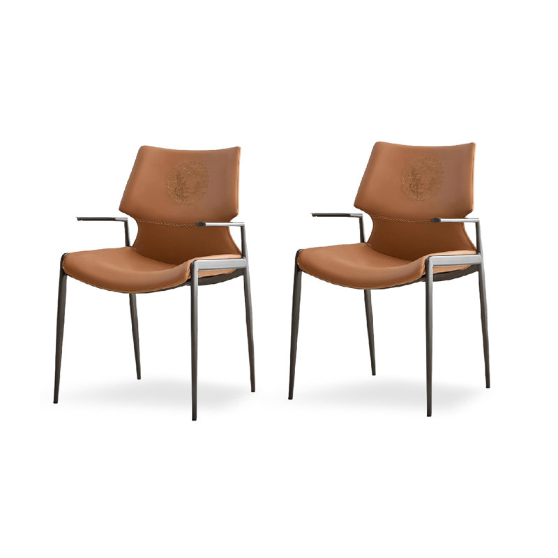 Chaise de salle à manger moderne et simple en cuir avec dossier et accoudoirs, Orange