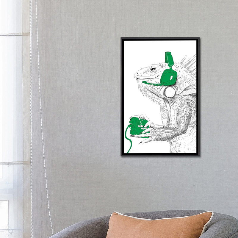 «I-guana Game All Day», reproduction d'art sur toile encadrée, 26 po x 18 po, Toile avec cadre, Noir patiné