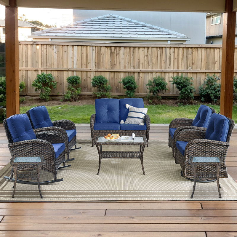 Ensemble de conversation d'extérieur 8 pièces avec chaises berçantes et pivotantes Gaetanino, Bleu