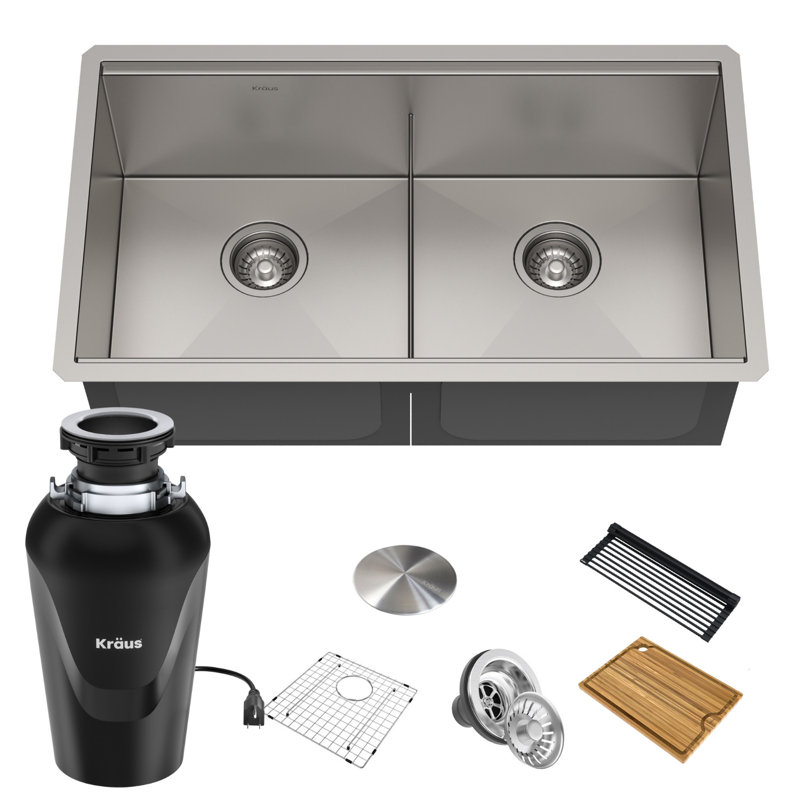 Kore 33" L x 19" W Double Basin Farmhouse Kitchen Sink with Accessories