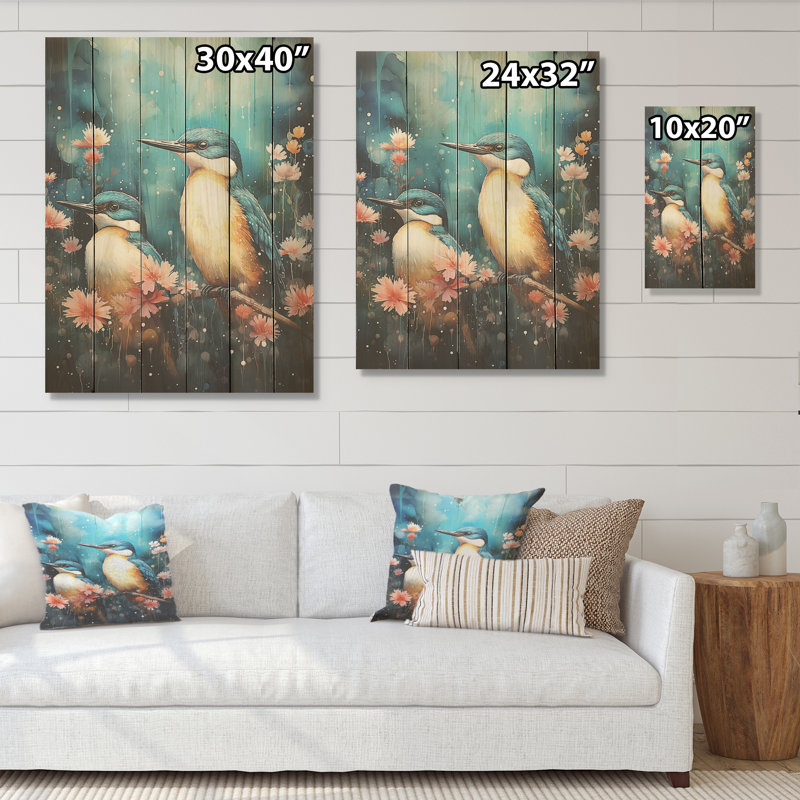Oiseaux en harmonie - Art floral mural en bois sur bois de pin naturel, H 40 po x l 30 po