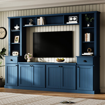 Grand meuble télé bleu avec pont pour téléviseurs de 75 po, hauteur réglable contemporaine et rangement, unité murale de divertissement dans l'espace de vie
