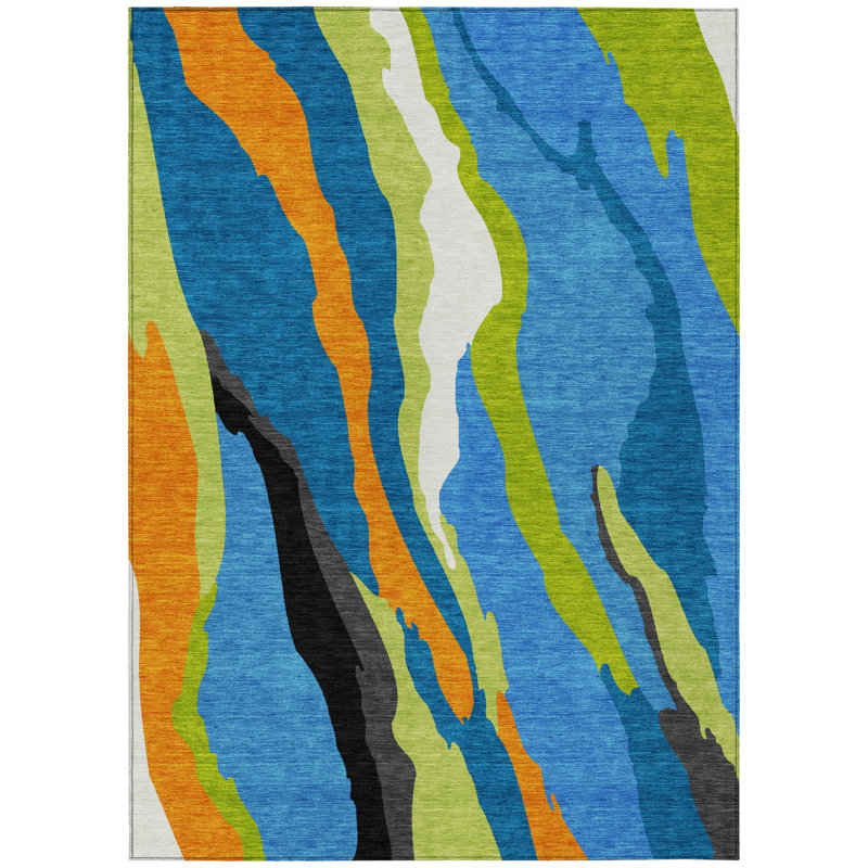 3' X 5' Denim Blue Copper And Green Abstract Washable Indoor Outdoor Area Rug