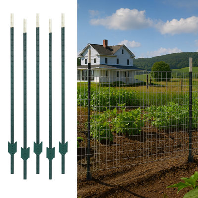 7FT Heavy Duty No Dig Steel T-Post with T-Channel and Anchor Plate for Farm, Garden, Orchard, and Outdoor Fencing, Pack of 5