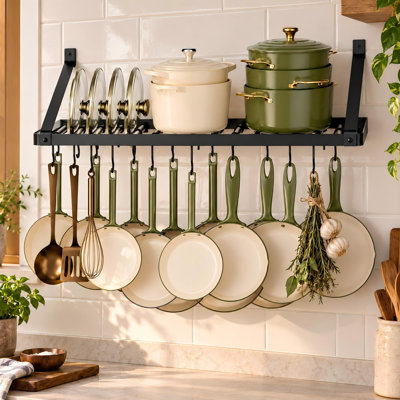 34 po (support à casseroles mural à 1 niveau with avec porte-couvercle, capacité de 75 lb, support à casseroles et casseroles avec 20 crochets, gabarit de perçage fourni pour une installation facile, noir mat