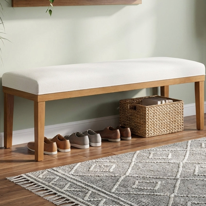 Banc d'entrée tapissier 52,8 po avec pieds en bois massif, banc en velours beige facile à assembler, Beige