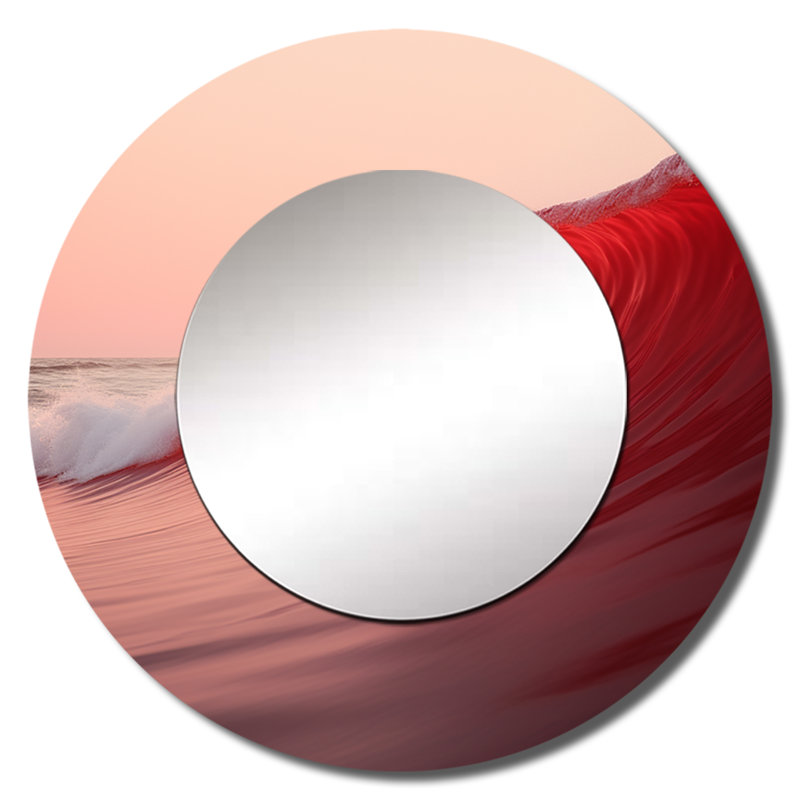 Roah Minimalisme vague rouge paysage - miroir décoratif côtier, miroir mural rond côtier, impression d'art en métal