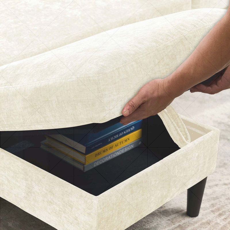 Canapé modulaire en L à 3 places avec méridienne de rangement, Chenille blanc cassé