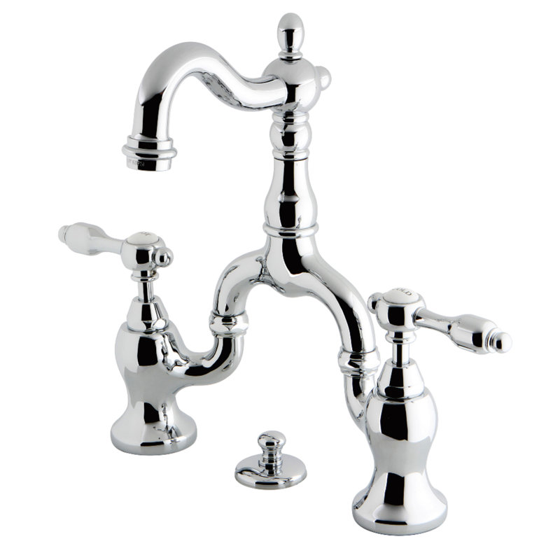 Kingston Brass Tudor Two-Handle 3-Hole Deck Mount Bridge Bathroom Faucet with Brass Pop-Up, Chrome