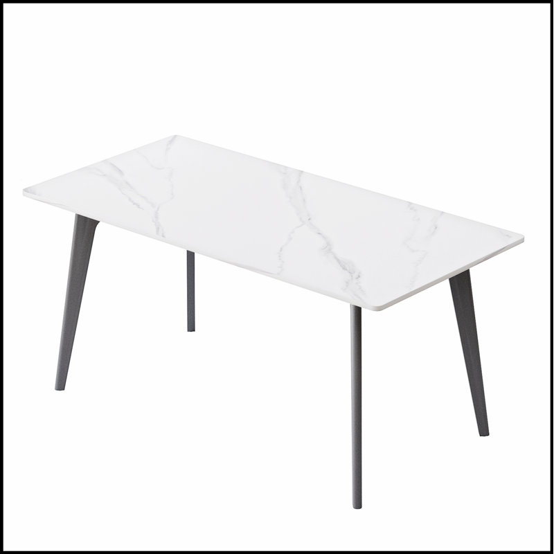 Table de salle à manger moderne en pierre artificielle avec pieds en métal gris foncé, spacieuse et élégante pour les réunions de famille et les réceptions.