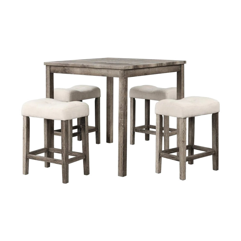 Table de salle à manger 5 pièces pour comptoir, table carrée en chêne 36 pouces avec 4 tabourets en mélange de lin, style Mid-Century moderne, 4 places, finition bois grain foncé, bois franc d'ingénierie transitionnel de 36 pouces de hauteur, assemblage facile
