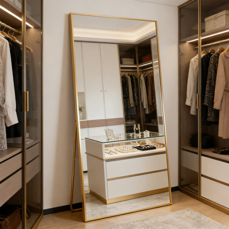 Full-Length Mirror With Stand  Gold Wall-Mounted Floor Mirror, Metal Frame, Tempered Glass For Living Room  Bedroom