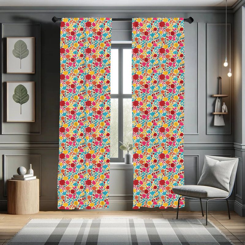Colorful Floral Multicolor Polyester Rod Pocket Curtain Panels