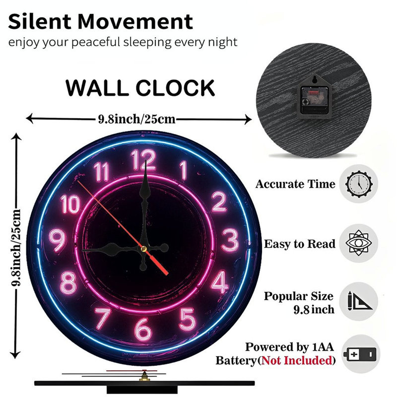 Neon Clock Wall Decor Pink Blue Light