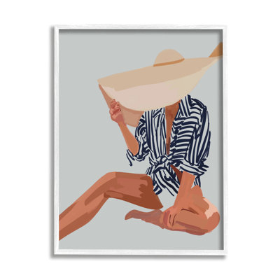 Woman Obscured By Sun Hat Summer Beach Portrait White Framed Giclee Texturized Art by Amelia Noyes