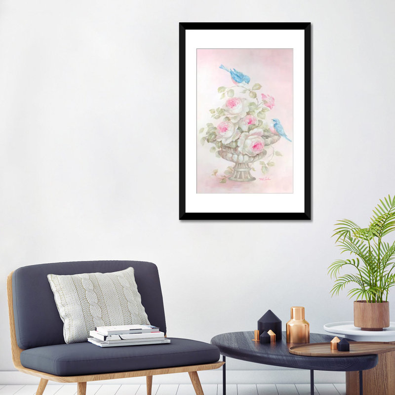 «Sweet Rose Song», peinture sur toile, H 32 po x l 24 po x P 1 po, Papier d'art encadré noir, Blanc