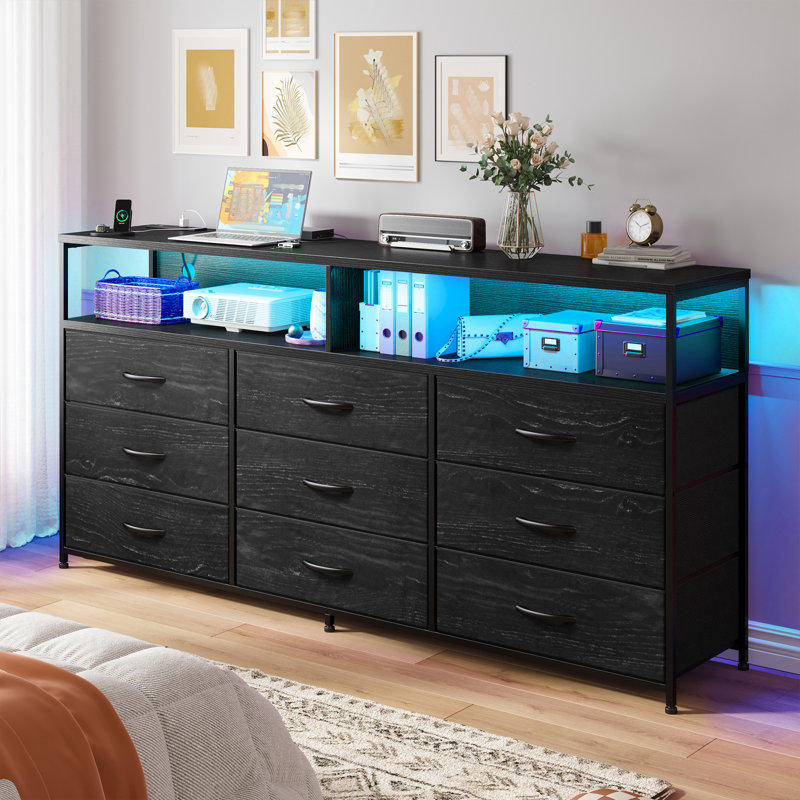55" Modern Tv Stand With Storage Dresser,Built-In Usb Charging, Led Lighting, Black