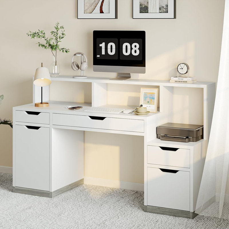 58-inch White Desk with Monitor Stand, Home Office Desk , Computer Desk with Drawers and File Storage Cabinet