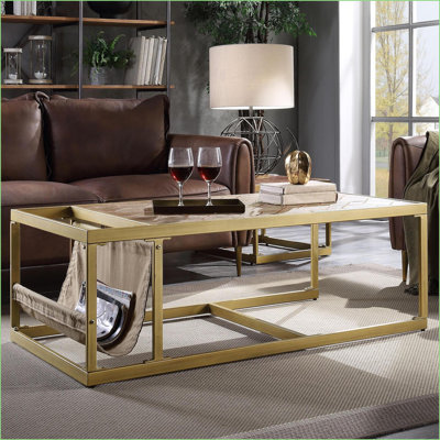 Table basse rétro en cuir fleur brun avec porte-revues, facile à assembler Surface spacieuse