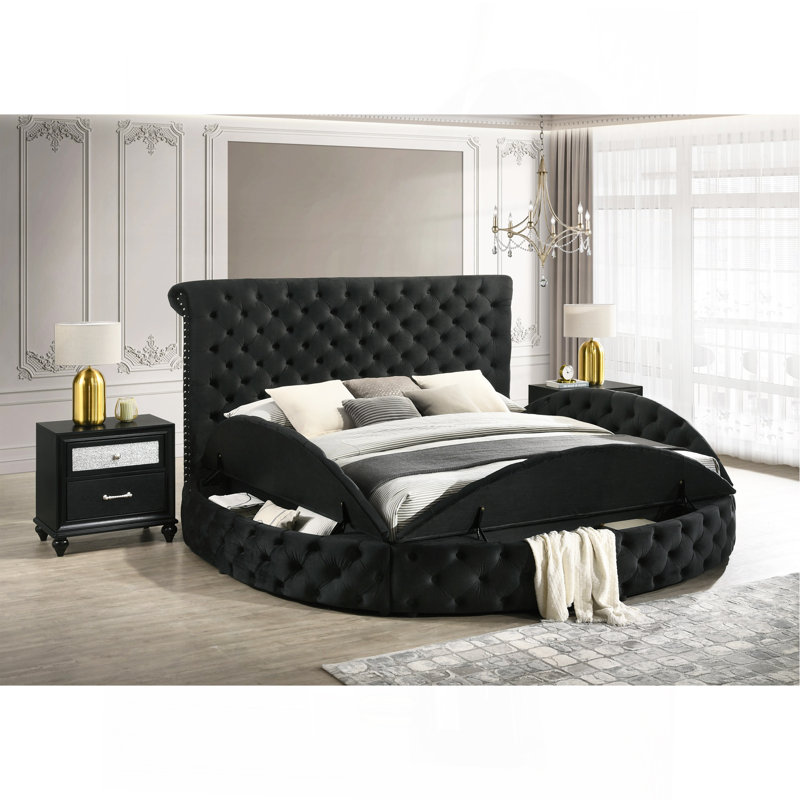 Ensemble de 3 pièces de mobilier de chambre à coucher en bois de velours noir capitonné