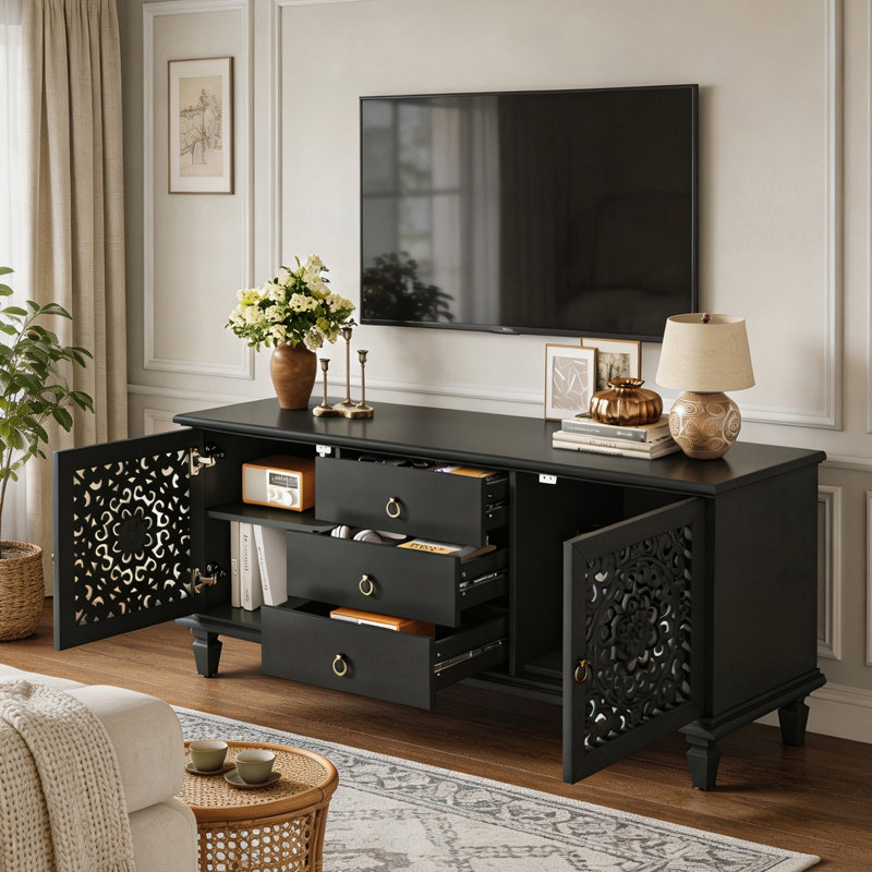 Buffet de 56 pouces avec 3 tiroirs centraux, Noir