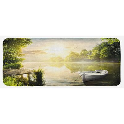 Boat By The Foggy Lake Deck Dreamy Forest In The Morning Country Style Image Olive Green White Kitchen Mat -  East Urban Home, AA39AC8C6FB44DC597DF67792906A418