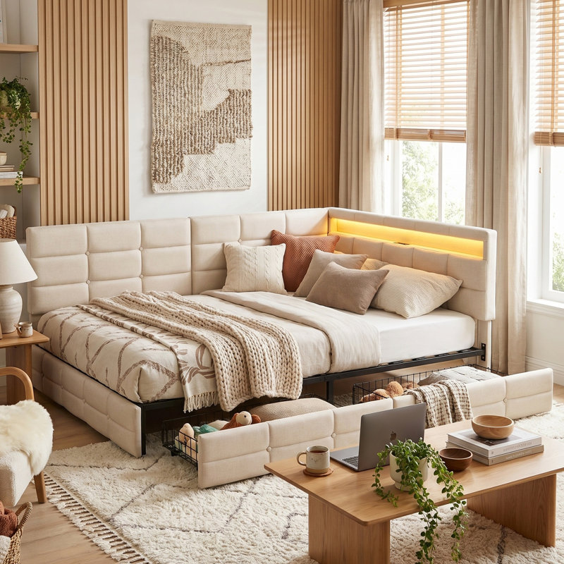 EU Single & Double Linen Daybed with LED & USB Charging, L-Shaped Headboard & Side Drawers, Beige/Grey, 90/140x200cm, Beige