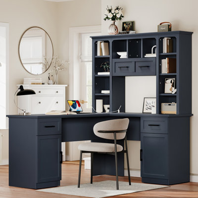 L-Shaped Computer Desk with 2 Cabinets and 2 Drawers, 11 Open Shelves and 1 Right Flip Shelf with Storage, with Power Outlet