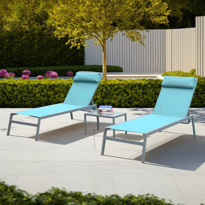 Lake Blue 3-Piece Patio Chaise Lounge Set, Aluminum Adjustable Pool Chairs with Side Table