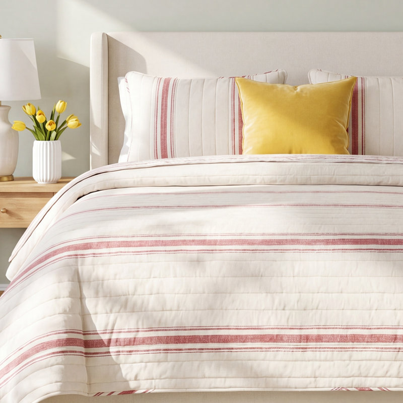 Gilroy Farmhouse / Country Cotton Striped Quilt, King Quilt + 2 Shams, Red