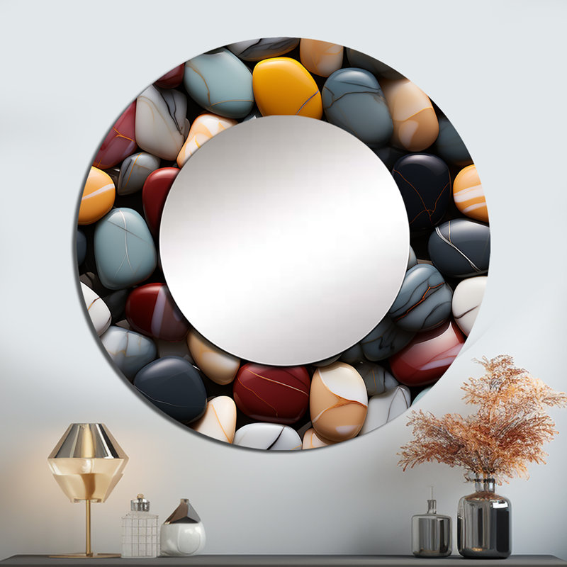 Motif de pierre de méditation intemporelle Rioa - miroir mural unique en marbre, miroir rond gris, impression d'art en métal