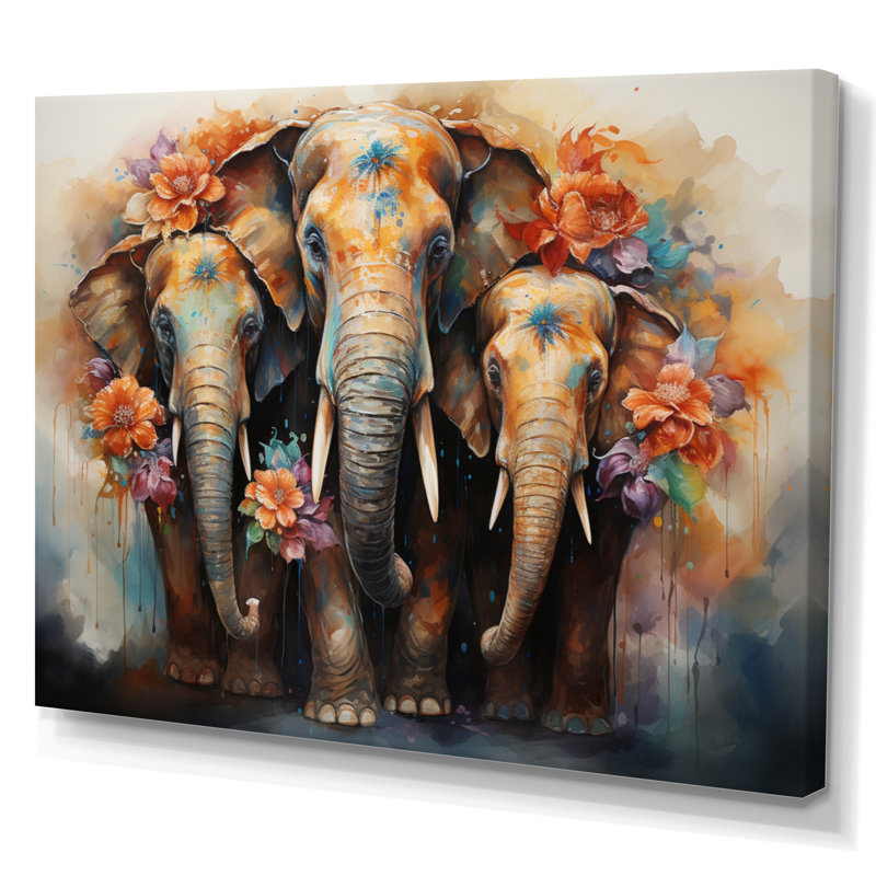 Art asiatique, éléphants thaïlandais - impression, H 34 po x l 44 po x P 1,5 po, Toile tendue