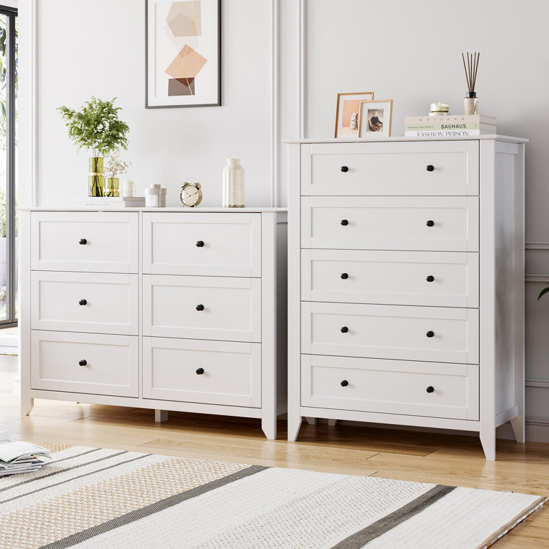 5 Drawer Dresser, Wooden Chest of Drawers Storage Cabinet Organizer for Office Living Room Hallway, White