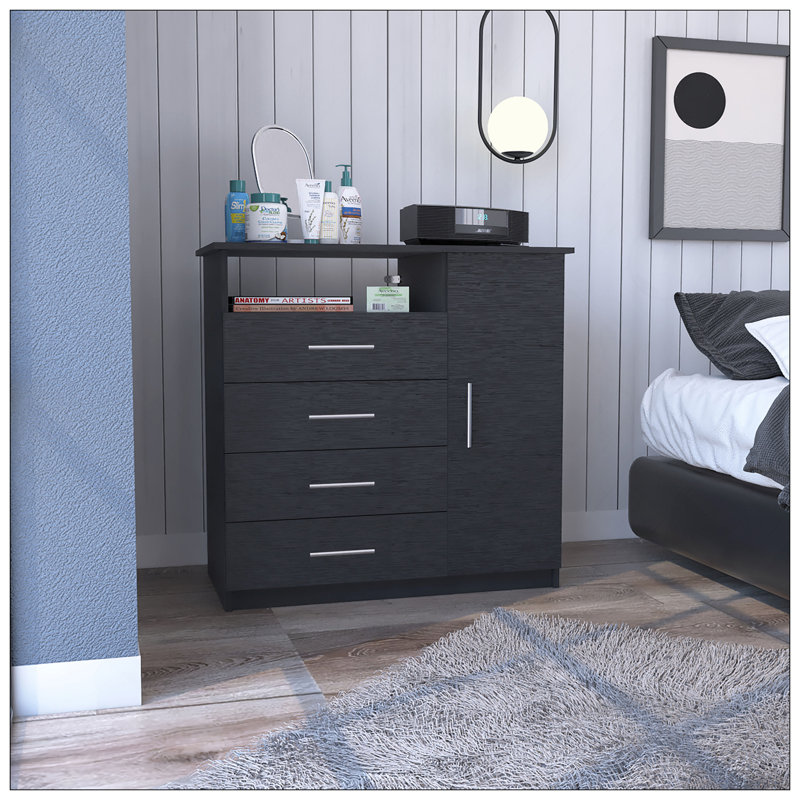 Commode 4 tiroirs, 1 tablette ouverte, plateau supérieur, armoire à une porte, noir, Noir
