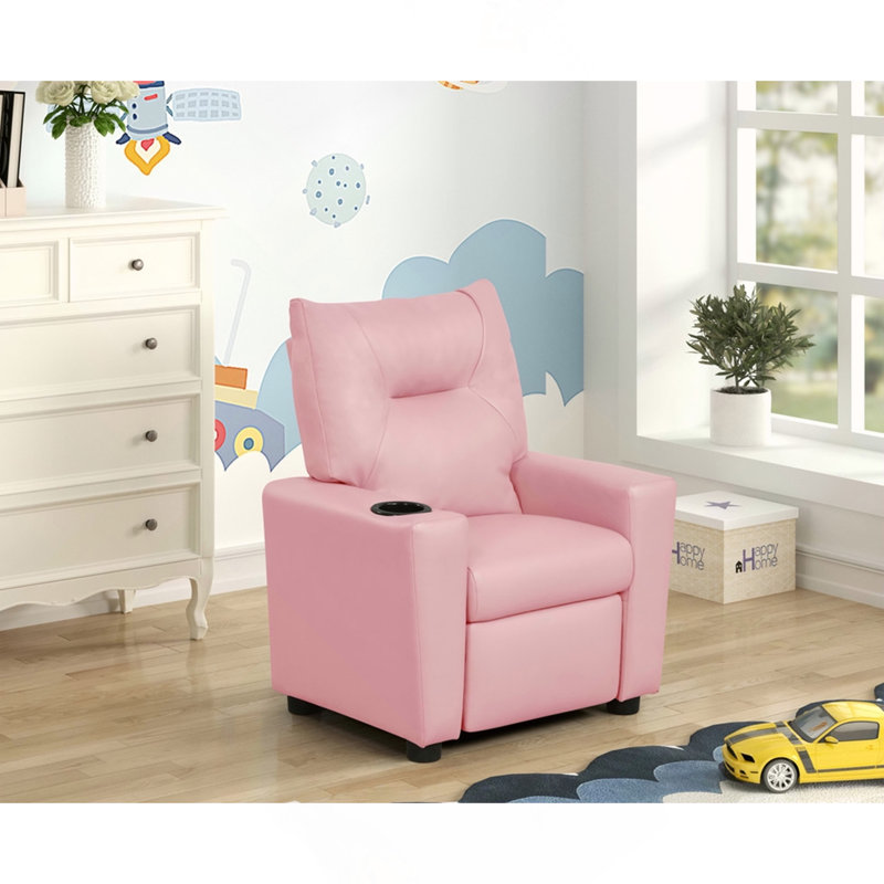 Fauteuil inclinable pour enfants en cuir synthétique rose avec porte-gobelet Evelyne, Pink