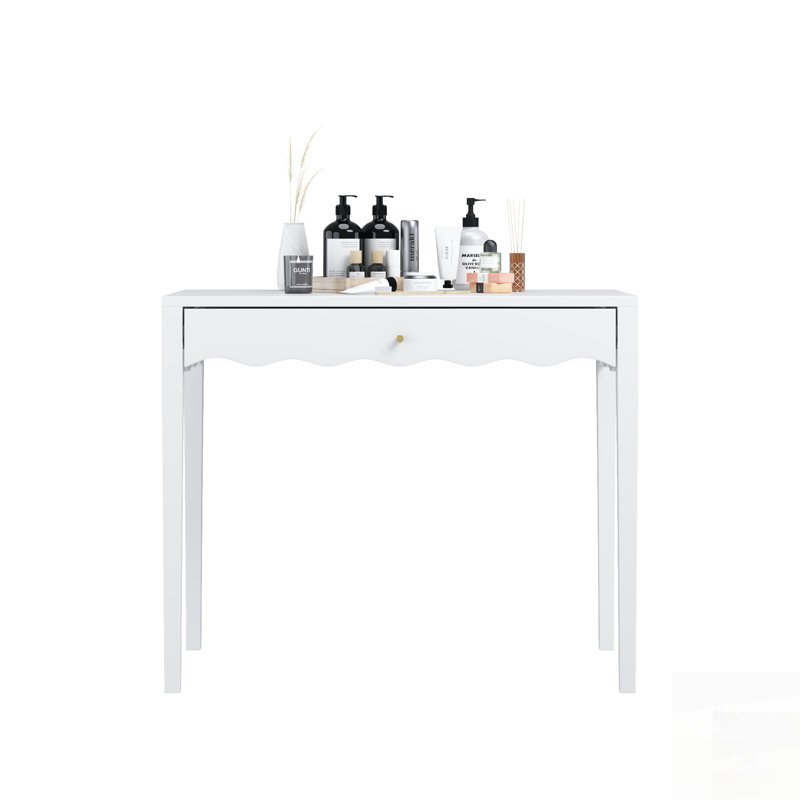 Bureau de coiffeuse avec tiroir, table de maquillage moderne avec façade festonnée et poignée dorée, bureau d'écriture compact pour petits espaces