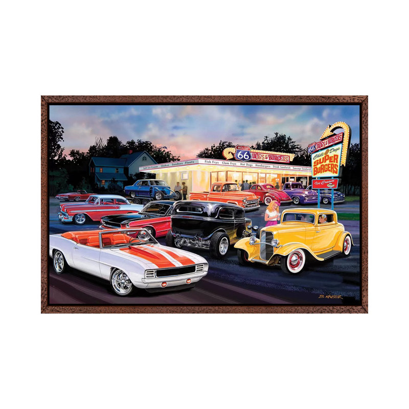 Hot Rod Drive-in II by Bruce Kaiser - Painting on Canvas, 152.5 cm H x 101.5 cm W, Classic Brown Wood Framed Canvas
