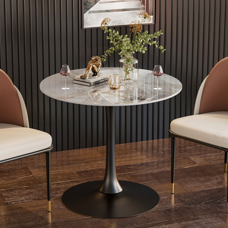 Cleofus Round Metal Base Dining Table, Emerald White, Black, 30.9" H x 29.92" L x 29.92" W
