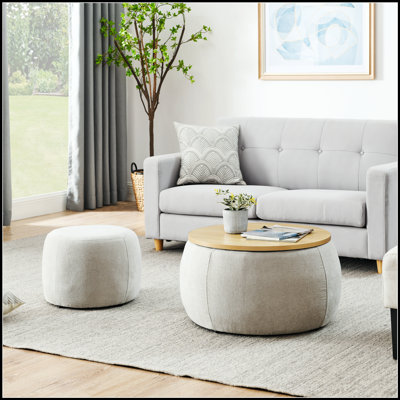Repose-pieds rond avec rangement 2 en 1, polyvalent comme table de bout et siège, gris clair, parfait pour la vie moderne